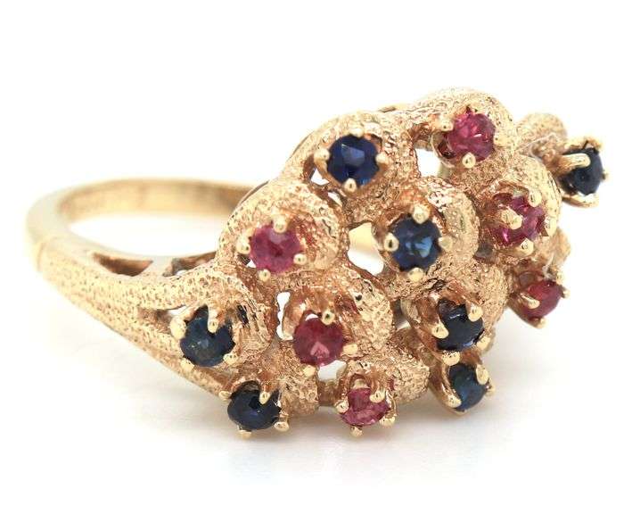 14kt Yellow gold Ruby and sapphire cluster ring