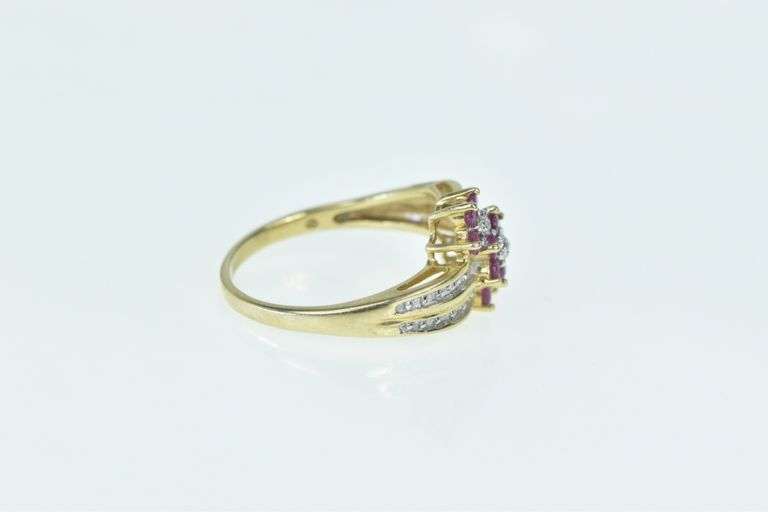 10K Yellow Gold Ruby Flower Cluster Diamond Accent Bypass Ring