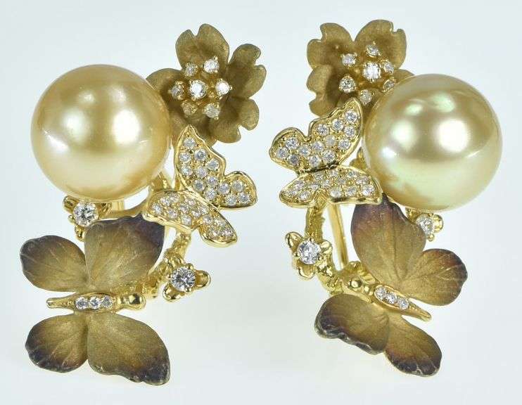 18K Yellow Gold J Y Designer Diamond Pearl Butterfly Earrings