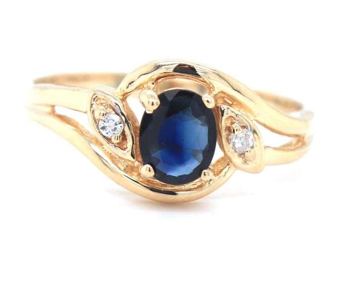 14kt Yellow gold blue sapphire and diamond accent ring