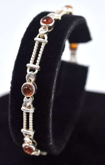 Fancy Link Amber Gemstone Bracelets in Sterling Silver