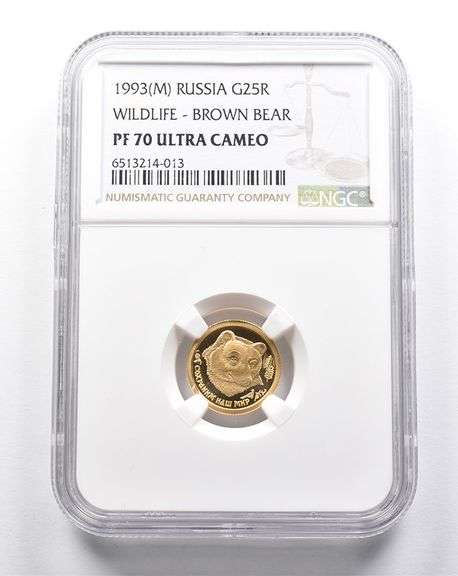 PF70 UCAM 1993 (M) Russia 25 Ruble Gold Wildlife Brown Bear NGC