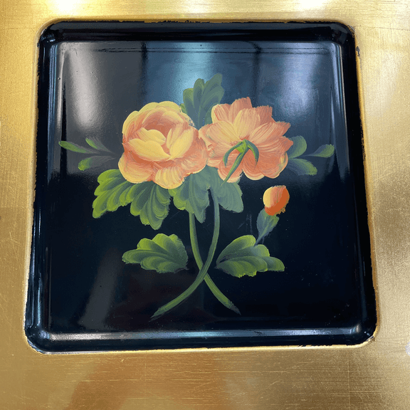Set of 6 Vintage Hand-Painted Lacquerware Square Charger Plates with Floral Pattern - Decorative Tab