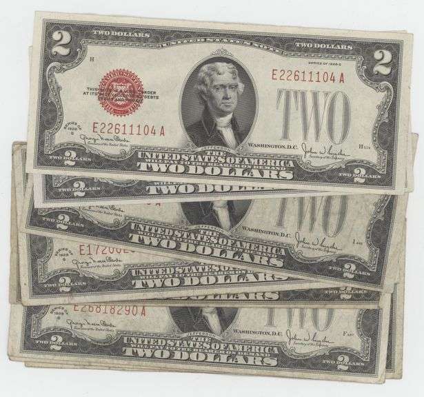 8 Series of 1928 $2 Red Seal Note in circ to AU