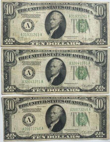 3 1928 B $10 Gold Redeemable FR Notes. Boston Fed Bank