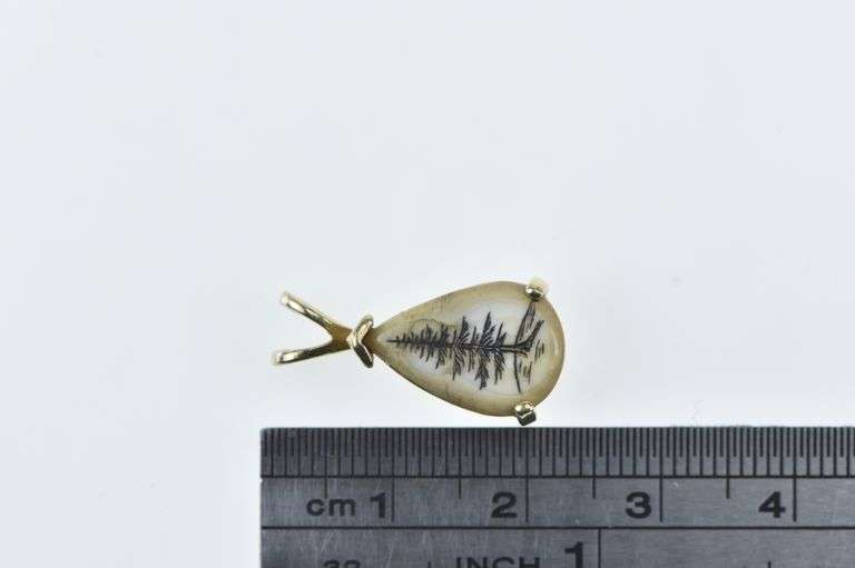 14K Yellow Gold Tree Etched Jasper Pear Cut Filigree Pendant