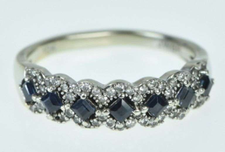 10K White Gold Princess Sapphire Diamond Wedding Band Ring
