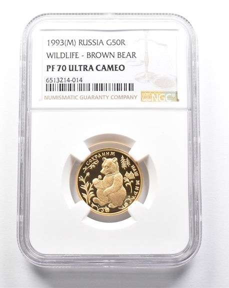 PF70 UCAM 1993 (M) Russia 50 Ruble Gold Wildlife Brown Bear NGC