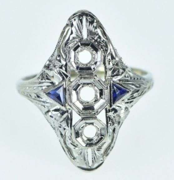 18K White Gold Art Deco Filigree Sapphire Engagement Setting Ring