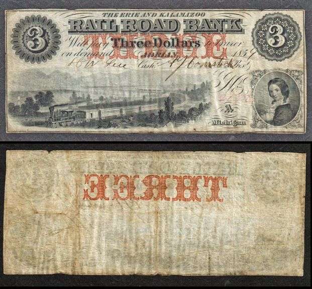 $3 1859 Erie & Kalamazoo Rail Road Bank  Adrian, MIObsolete