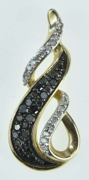 10K Yellow Gold Black & White Diamond Wave Loop Vintage Pendant