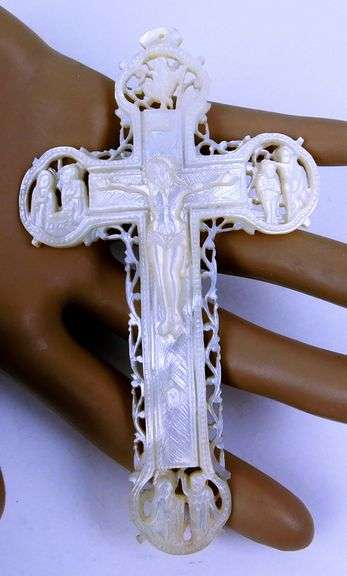 Incredible Antique Large Carved Mother of Pearl Crucifix