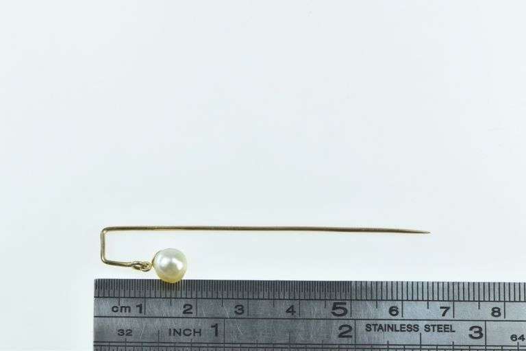 10K Yellow Gold 6.5mm Vintage Pearl Dangle Charm Ornate Stick Pin