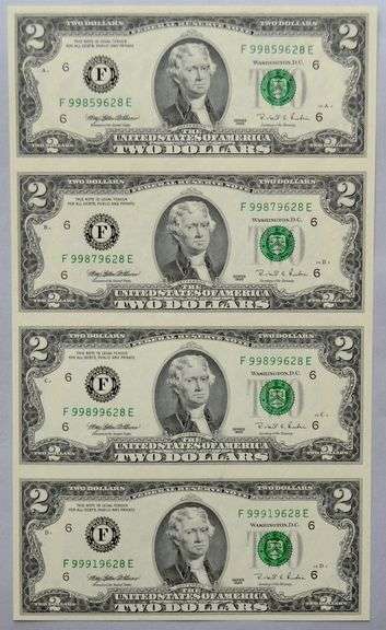Sheet of 4 Uncut 1999 $2 Atlanta Fed Reserve Notes