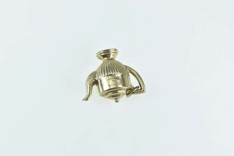 9K Yellow Gold 3D Tea Pot Vintage Grooved Tea Party Charm/Pendant