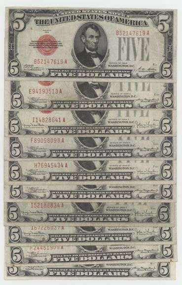10 Much nicer Series of 1928 $5 Red Seal Notes