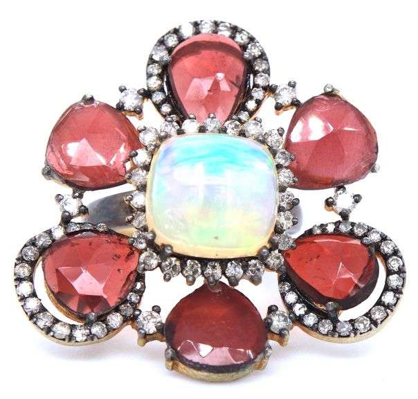 Romantic Garnet Petaled Opal Flower Ring with Gold Plated Silver and Diamond Accents