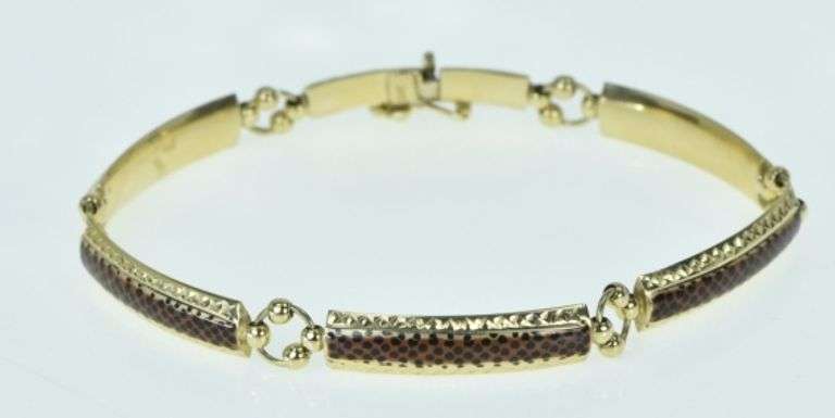 14K Yellow Gold Cheetah Animal Print Enamel Bar Link Bracelet