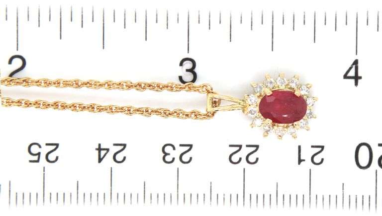 14kt Yellow gold 1ct oval Ruby and diamond pendant on rope chain necklace