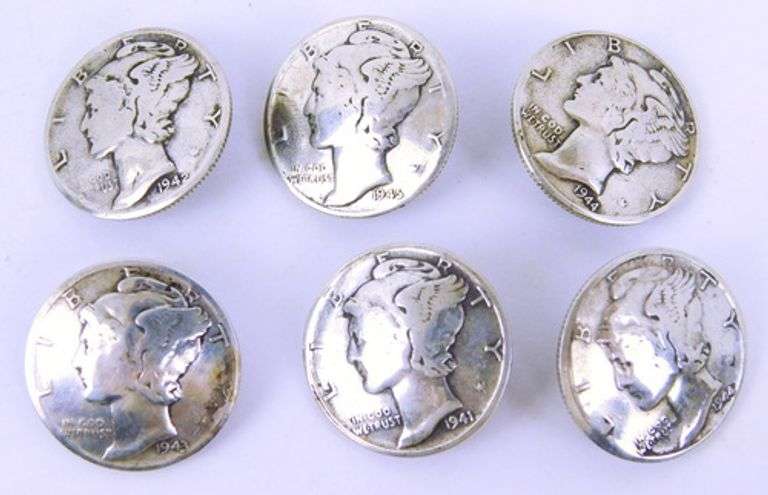 6 Silver 1940's Mercury Dime Buttons