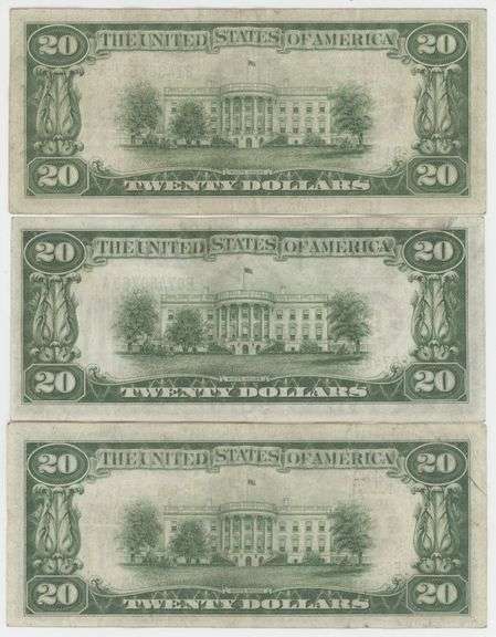 3 Nicer circulated 1928-B Series $20 Federal Reserve Notes