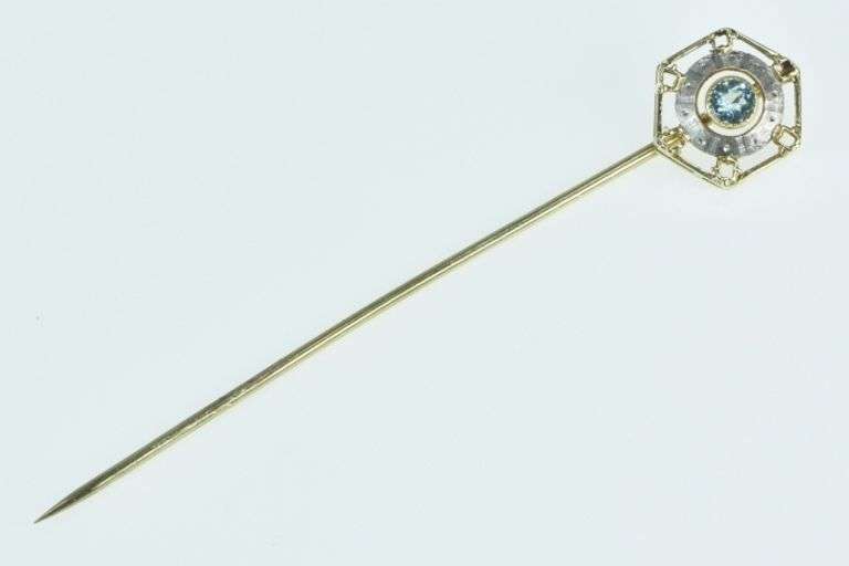14K Yellow Gold Art Deco Syn. Aquamarine Vintage Ornate Stick Pin