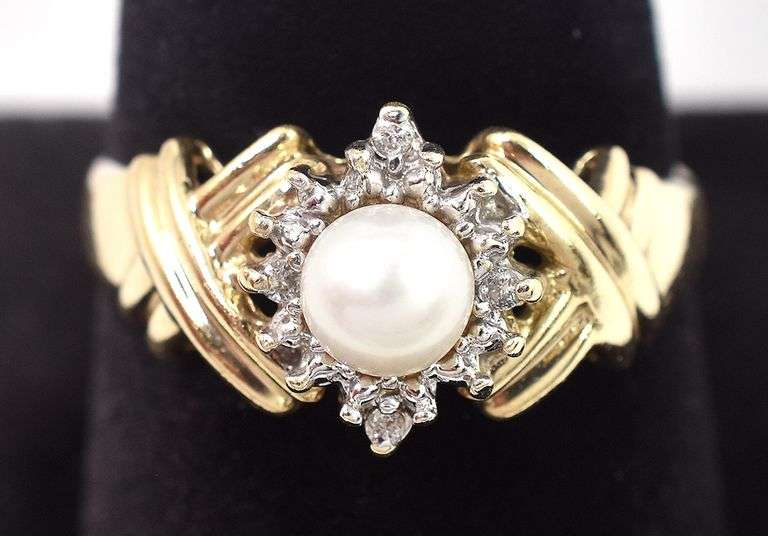 Fantastic 10K Yellow Gold Pearl and Diamond Ring