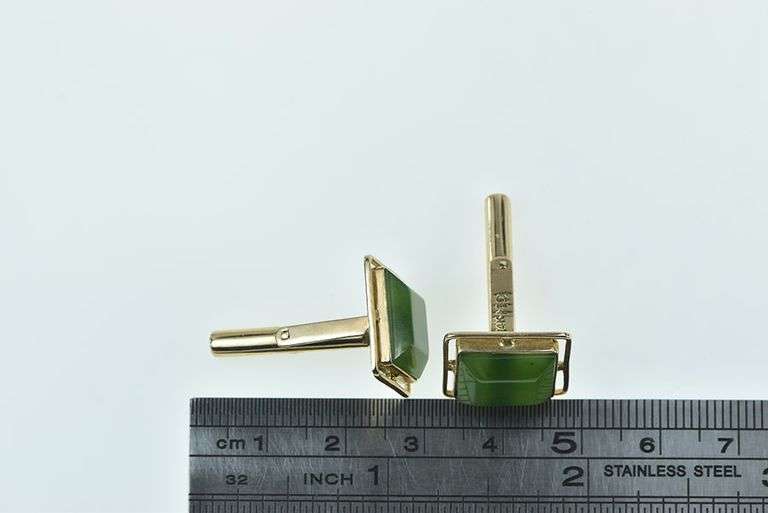 14K Yellow Gold Square Nephrite Vintage Ornate Cuff Links