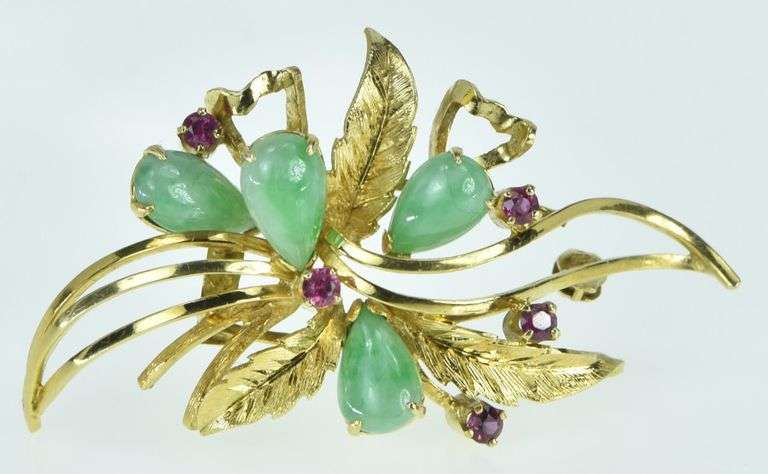 14K Yellow Gold Jade Pink Sapphire Floral Leaf Bunch Pin/Brooch