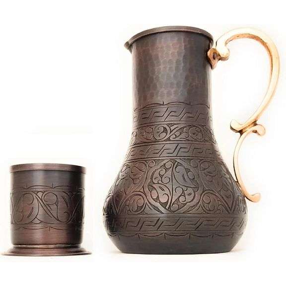 Engraved Copper Pitcher & Cup Set