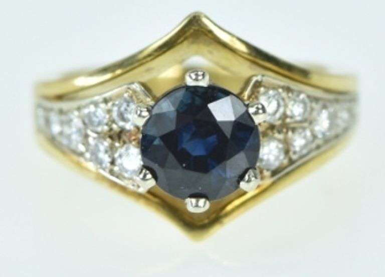 18K Yellow Gold 1.69 Ctw Sapphire Diamond Chevron Ring