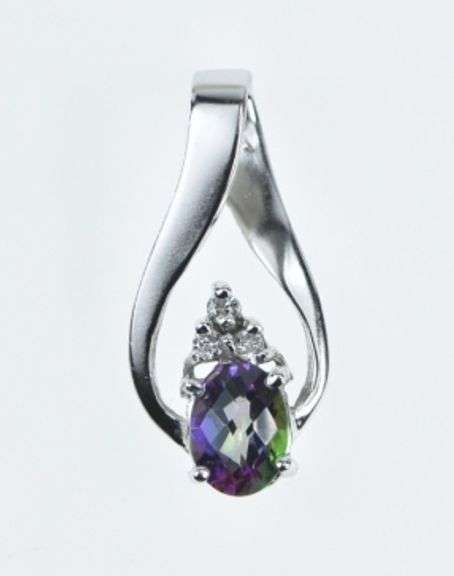 14K White Gold Oval Mystic Topaz Diamond Cluster Pendant