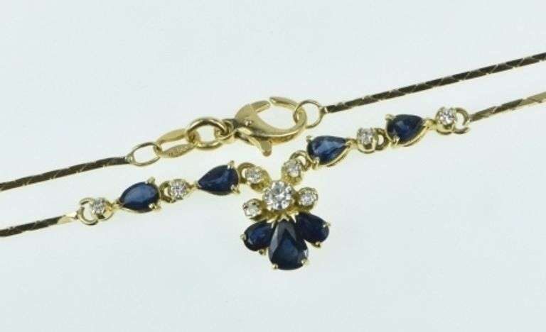 18K Yellow Gold Pear Sapphire Diamond Chevron Chain Necklace