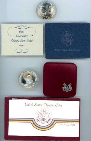 2 Different Olympic Commemorative Silver Dollars with Box/CoA: 1983 BU and 1984 Proof