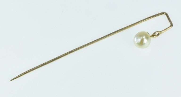 10K Yellow Gold 6.5mm Vintage Pearl Dangle Charm Ornate Stick Pin