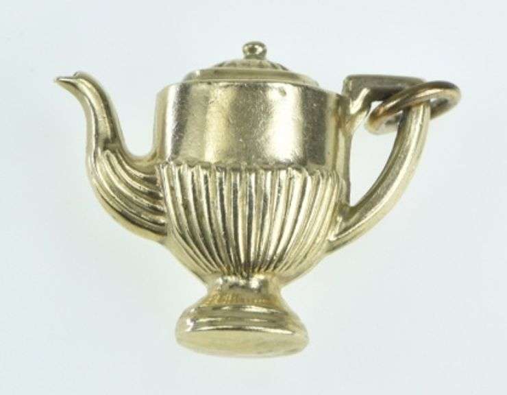 9K Yellow Gold 3D Tea Pot Vintage Grooved Tea Party Charm/Pendant