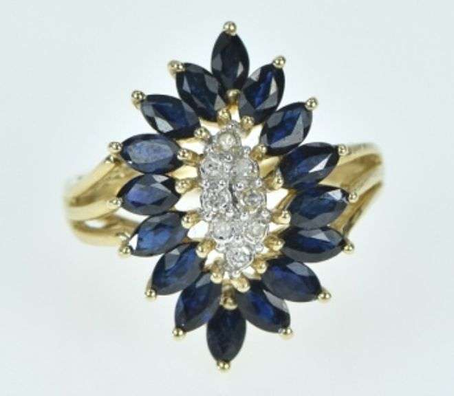 14K Yellow Gold Marquise Sapphire Diamond Freeform Cluster Ring