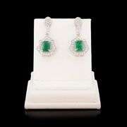 18K WHITE GOLD EMERALD AND DIAMOND DANGLE EARRINGS 3.64 C.T.W.