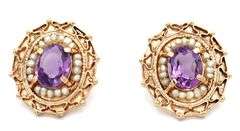 3.20ctw Oval Amethyst and Seed Pearl Heirloom Earrings in 14K