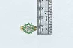 14K Yellow Gold Round Diamond Emerald Halo Cluster Ring