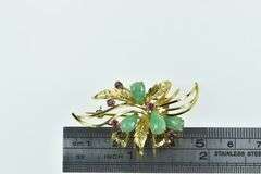 14K Yellow Gold Jade Pink Sapphire Floral Leaf Bunch Pin/Brooch