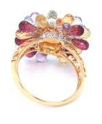 14kt Yellow gold emerald cut citrine surrounded multi color gemstone ring