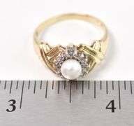 Fantastic 10K Yellow Gold Pearl and Diamond Ring