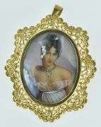 18K Yellow Gold Painted Lady Gem Haired Ornate Filigree Pin/Brooch