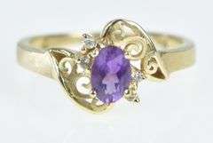 14K Yellow Gold Oval Amethyst Diamond Accent Filigree Ring