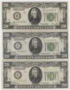 3 Nicer circulated 1928-B Series $20 Federal Reserve Notes
