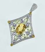 14K White Gold Citrine Ornate Diamond Cluster Statement Pendant