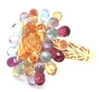 14kt Yellow gold emerald cut citrine surrounded multi color gemstone ring