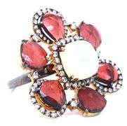 Romantic Garnet Petaled Opal Flower Ring with Gold Plated Silver and Diamond Accents