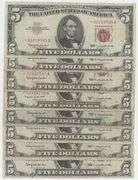 Scarcer lot of 8 Series of 1963 $5 Red Seal STAR notes